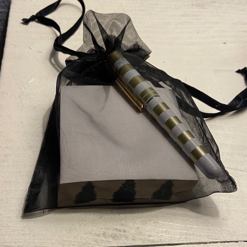 Striped Gold and Silver Pen , note book with Black Gift Bag